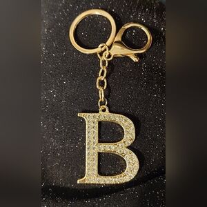 Gold Tone Allover Rhinestone Letter B Initial Bag Purse Charm Keychain N…